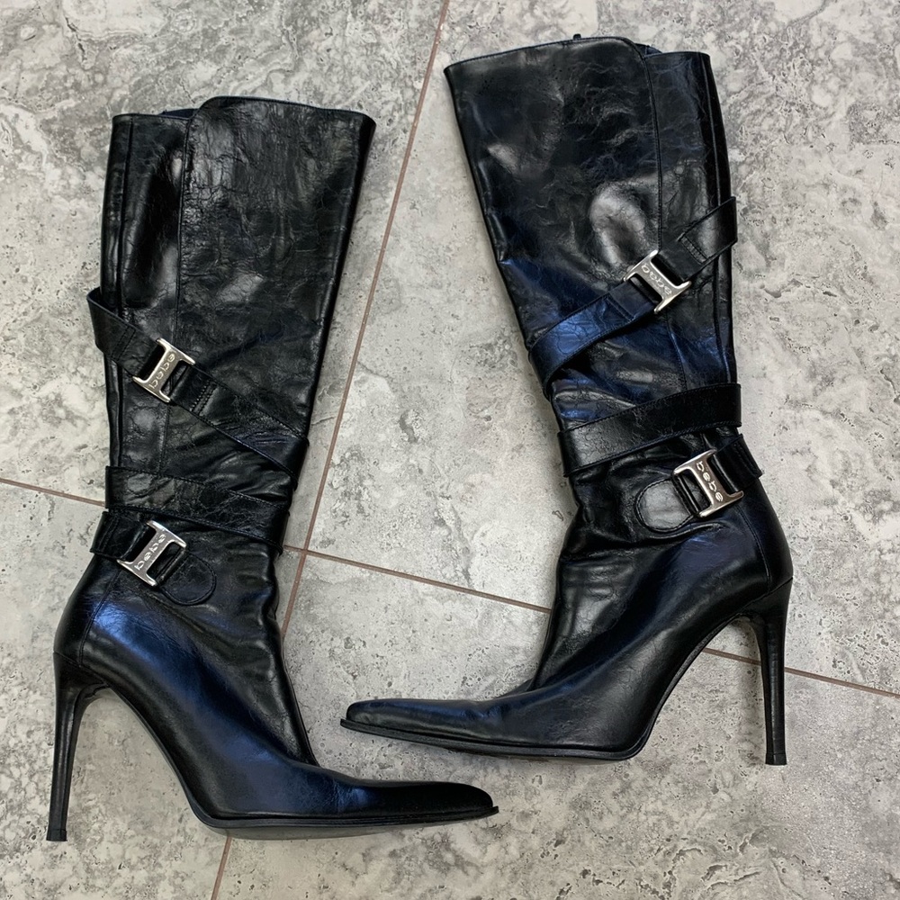 bebe Black Leather Pointed-Toe Stiletto Knee-High Boots with Buckle Straps